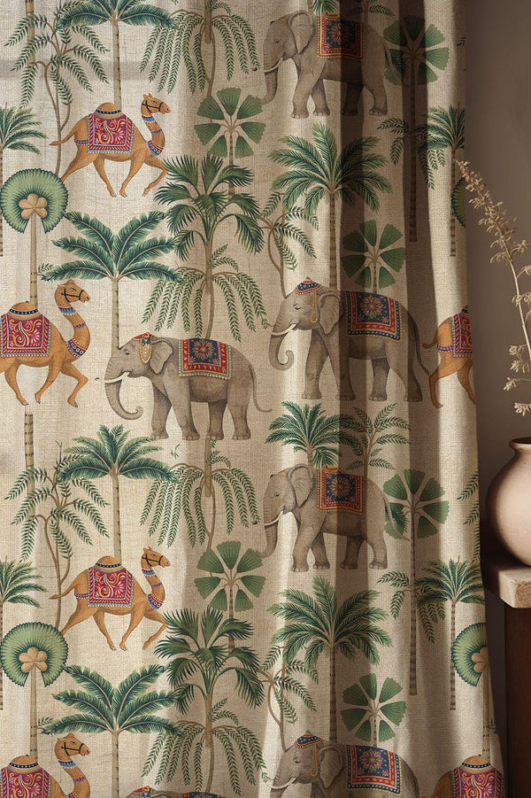 Exotic Elephant and Camel Linen Curtain - Tropical Safari Linen Drape