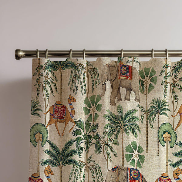 Exotic Elephant and Camel Linen Curtain - Tropical Safari Linen Drape