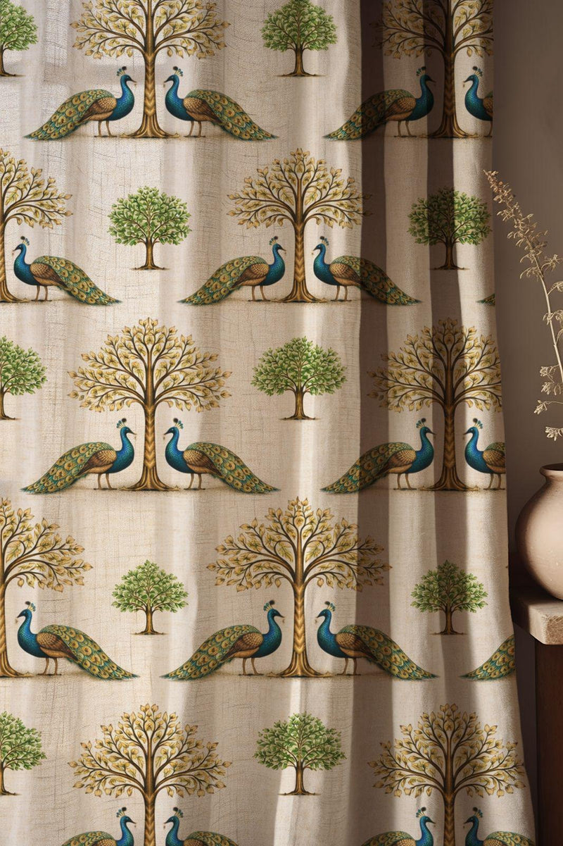 Royal Peacock Linen Curtain - Tree of Life Linen Drape