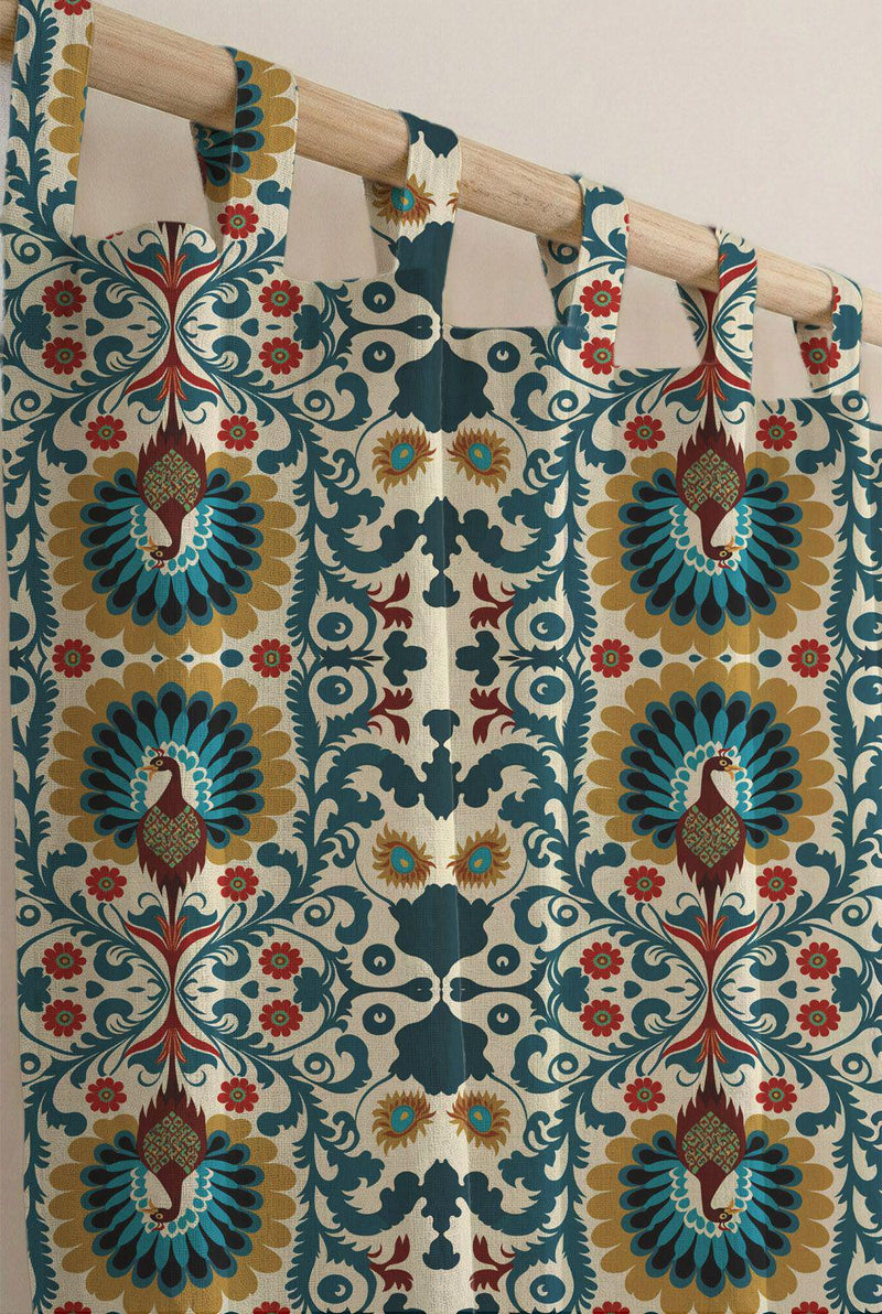 Cotton Linen Folk Art Peacock Curtain, Bohemian Damask Print Drapes, Slavic Floral Window Panel, Custom Size