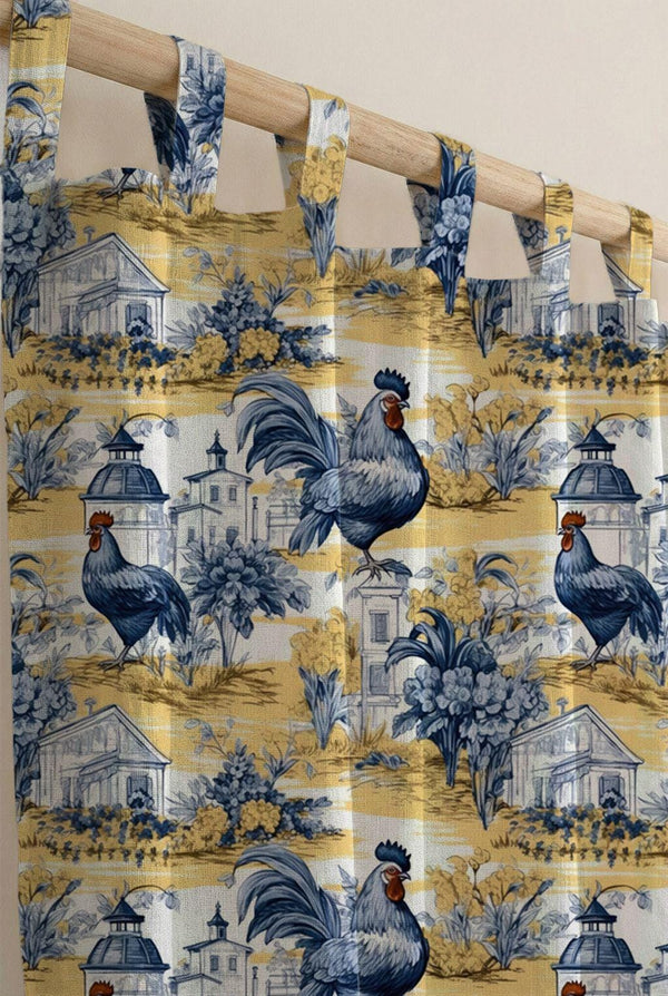 Cotton Linen Blue Rooster Toile Curtain, French Country Drapes, Farmhouse Kitchen Window Panel, Custom Size