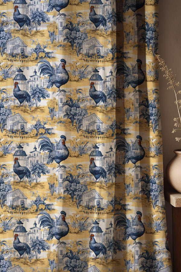 Cotton Linen Blue Rooster Toile Curtain, French Country Drapes, Farmhouse Kitchen Window Panel, Custom Size