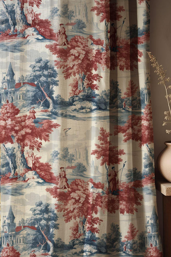Cotton Linen Red and Blue Toile Curtain, French Country Drapes, Scenic Pastoral Window Panel, Custom Size
