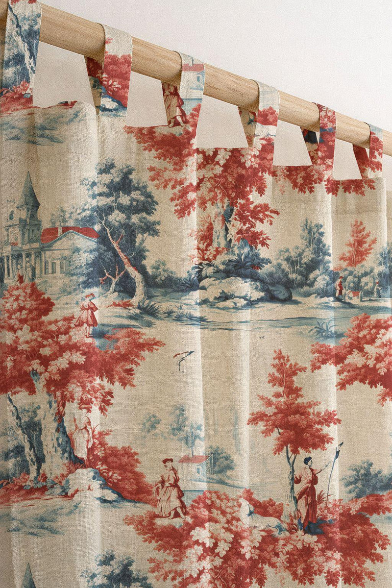 Cotton Linen Red and Blue Toile Curtain, French Country Drapes, Scenic Pastoral Window Panel, Custom Size