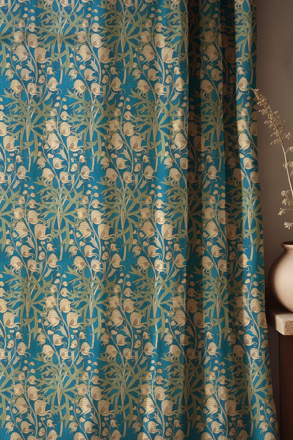 Cotton Linen Teal Blue Lily of the Valley Curtain, William Morris Style Drapes, Vintage Botanical Window Panel, Custom Size