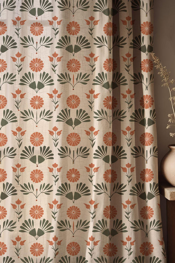 Modern Abstract Floral Linen Curtain – Terracotta Sage Pattern Linen Drape