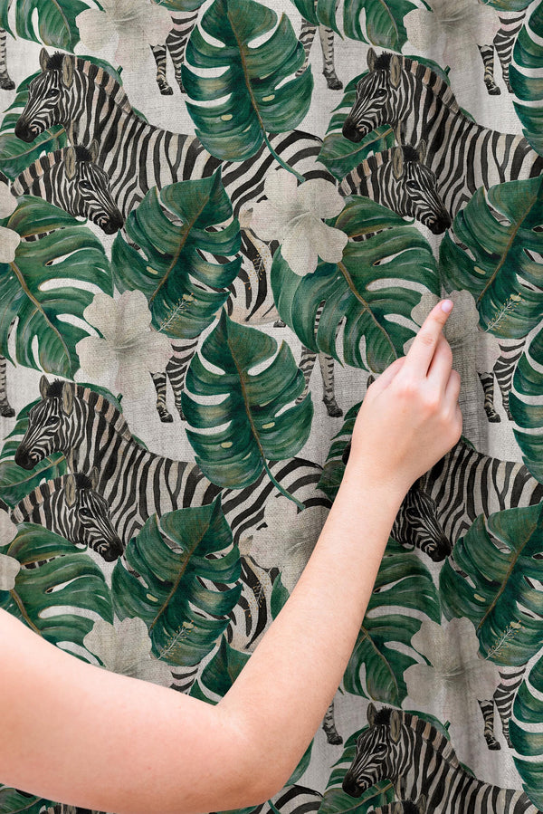 Zebra Jungle Linen Curtain Panel, Tropical Monstera Botanical Print Drapes, Safari Animal Window Treatment, Boho Home Decor