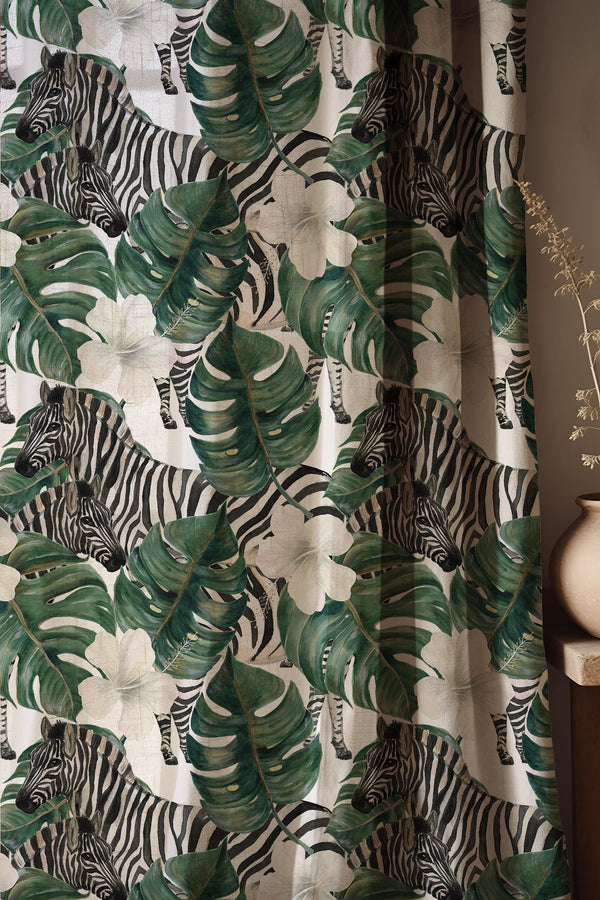 Zebra Jungle Linen Curtain Panel, Tropical Monstera Botanical Print Drapes, Safari Animal Window Treatment, Boho Home Decor
