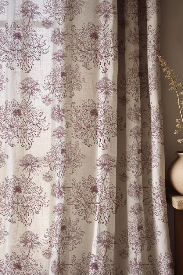Minimal Line Art Floral Linen Curtain Panel, Neutral Beige Botanical Drapes, Modern Cottagecore Window Treatment, Soft Mauve Flower Print
