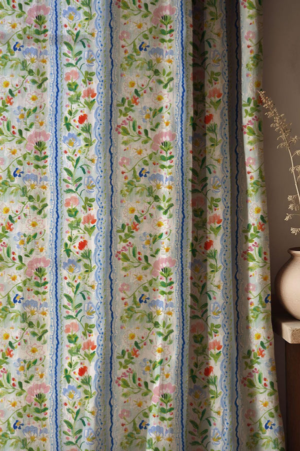 Vintage Floral Stripe Linen Curtain: Cottage Farmhouse Drapes