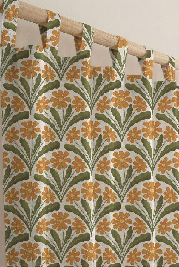 Retro Orange Daisy Curtain, Mid Century Modern Floral Cotton Linen Drapes, Custom Size