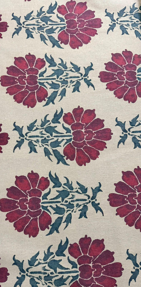 Floral Linen Curtains: Vintage Red & Blue Block Print Botanical Drapes