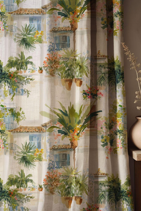 Mediterranean Villa Linen Curtain, Coastal Palm Print Window Panel, Custom Size
