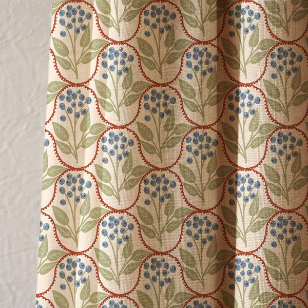 Blueberry Leaf Linen Curtain, Farmhouse Botanical Print, Custom Size