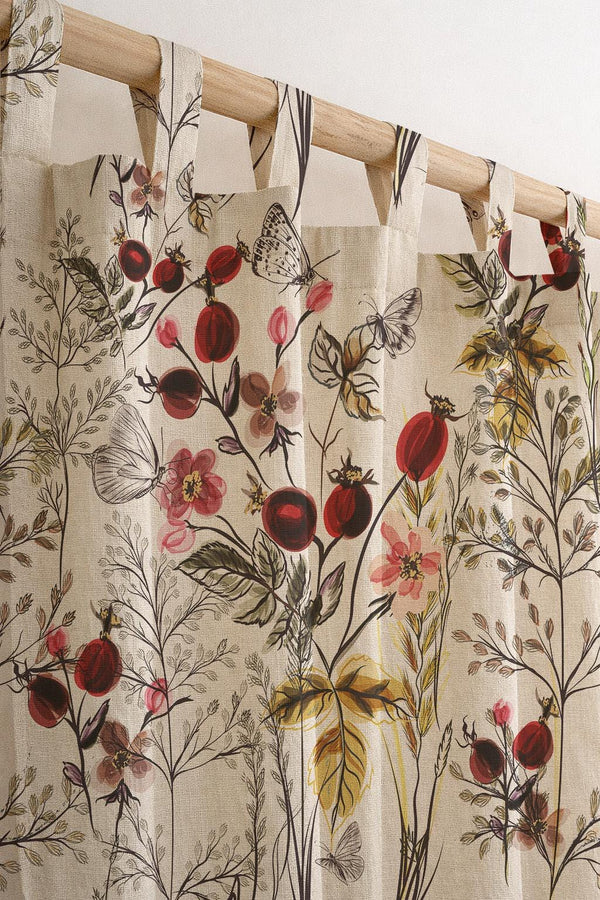 Cotton Linen Curtain, Botanical Floral Butterfly Print, Cottagecore Window Panel