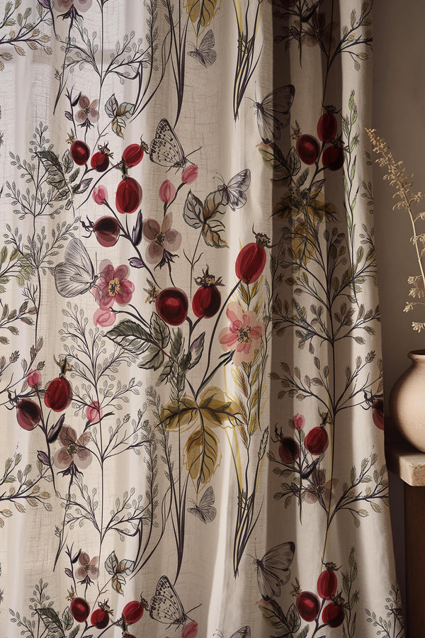 Cotton Linen Curtain, Botanical Floral Butterfly Print, Cottagecore Window Panel
