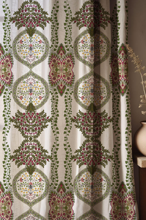 Traditional Floral Medallion Linen Curtain, Iznik Tile Print Drapes, Turkish Tulip Window Panel, Custom Size