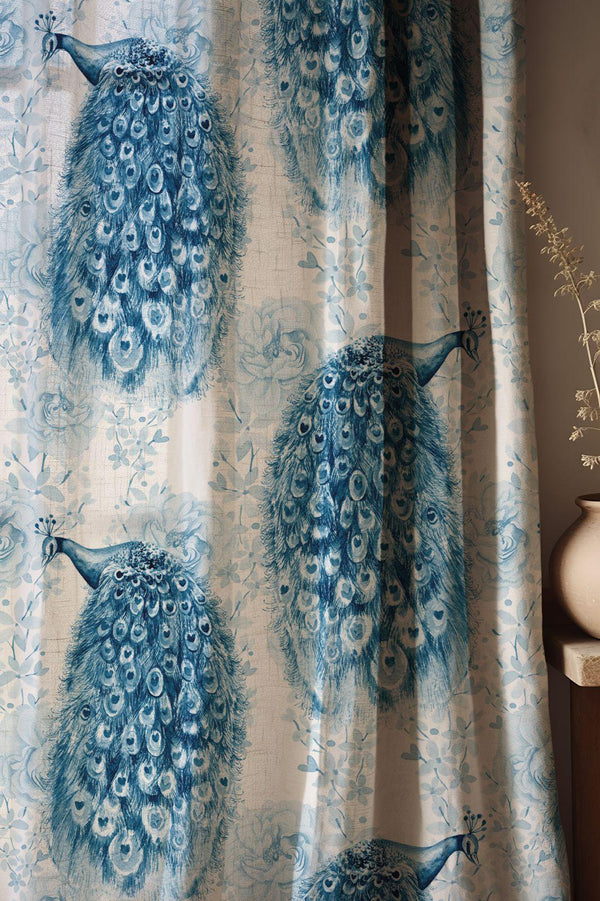 Blue Watercolor Peacock Linen Curtain, Chinoiserie Print Drapes, Monochromatic Bird Window Panel, Custom Size
