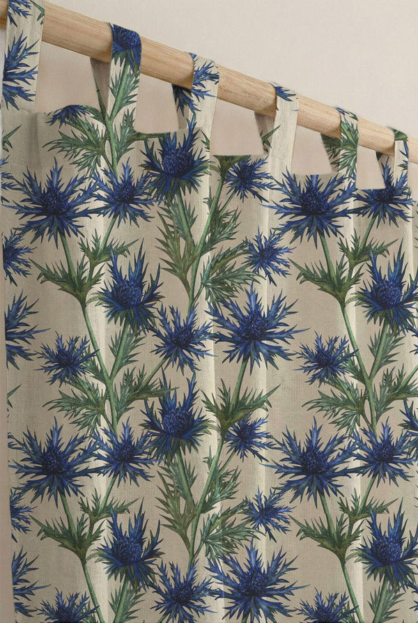 Blue Thistle Linen Curtain, Sea Holly Botanical Print, Custom Size