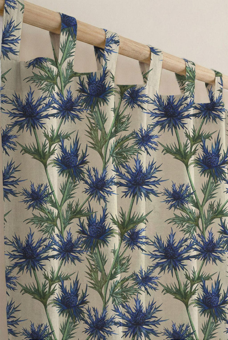 Blue Thistle Linen Curtain, Sea Holly Botanical Print, Custom Size