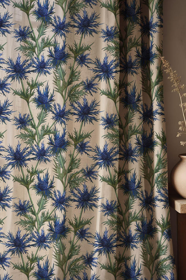 Blue Thistle Linen Curtain, Sea Holly Botanical Print, Custom Size