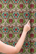 Red Teal Damask Linen Curtain, Floral Print Window Panel - Image 3