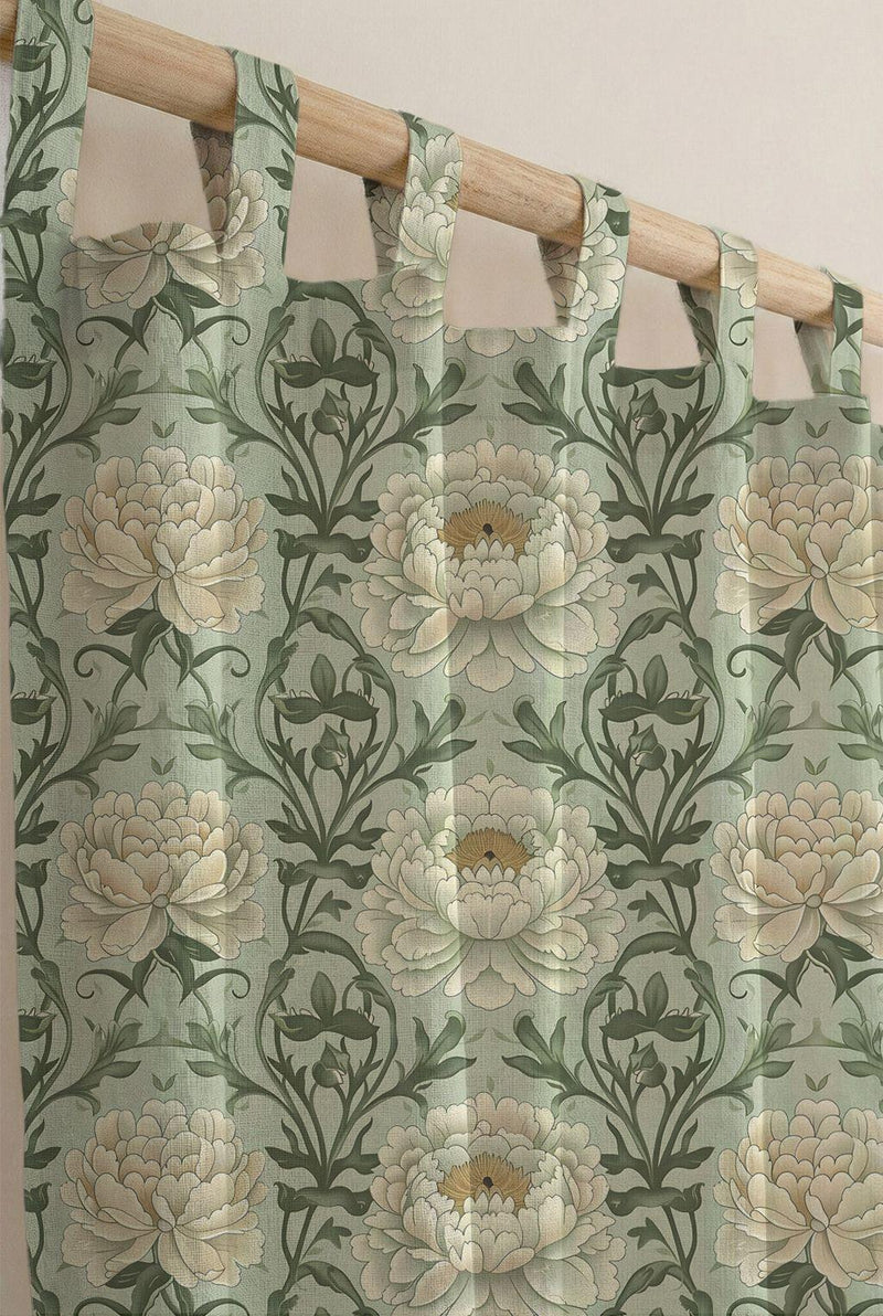 Floral Linen Curtain, William Morris Style, Sage Green Drapes, Custom Size