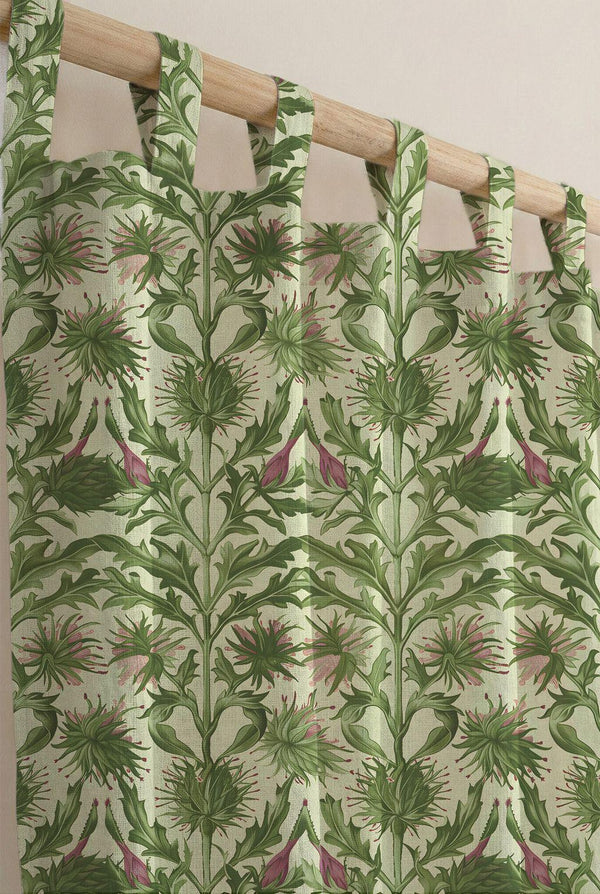 Vintage Thistle Floral Curtain, Green Botanical Print, Cotton Linen Drapes