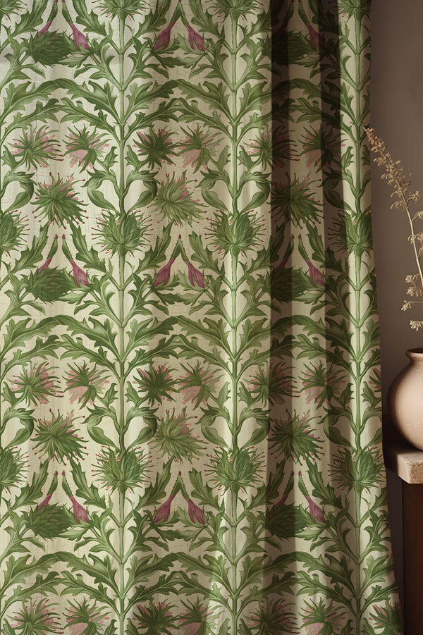 Vintage Thistle Floral Curtain, Green Botanical Print, Cotton Linen Drapes