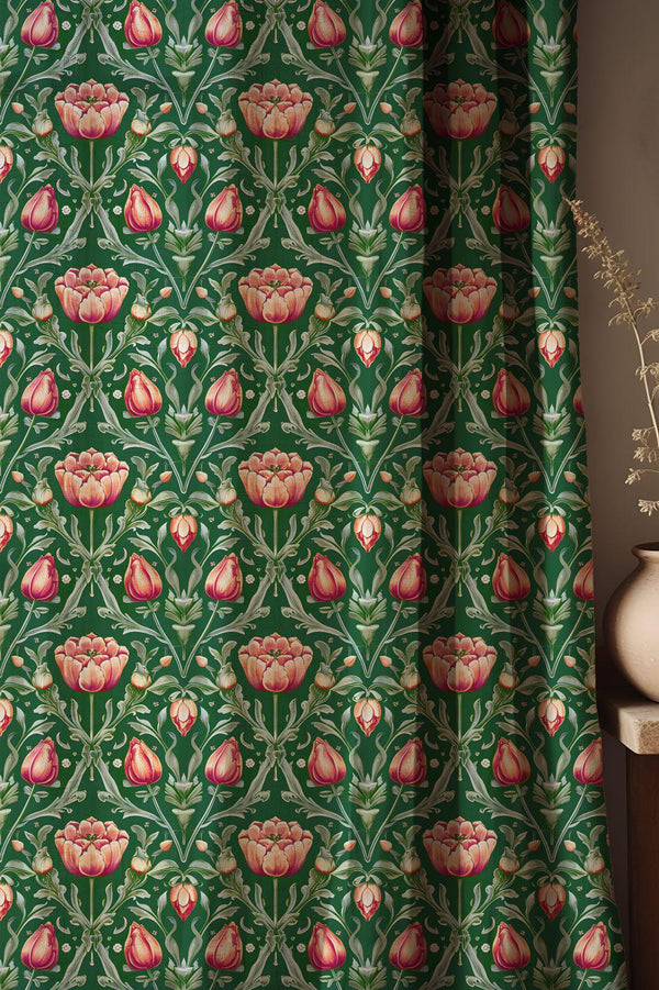 Green Tulip Floral Curtain, Vintage Art Nouveau Print, Custom Size