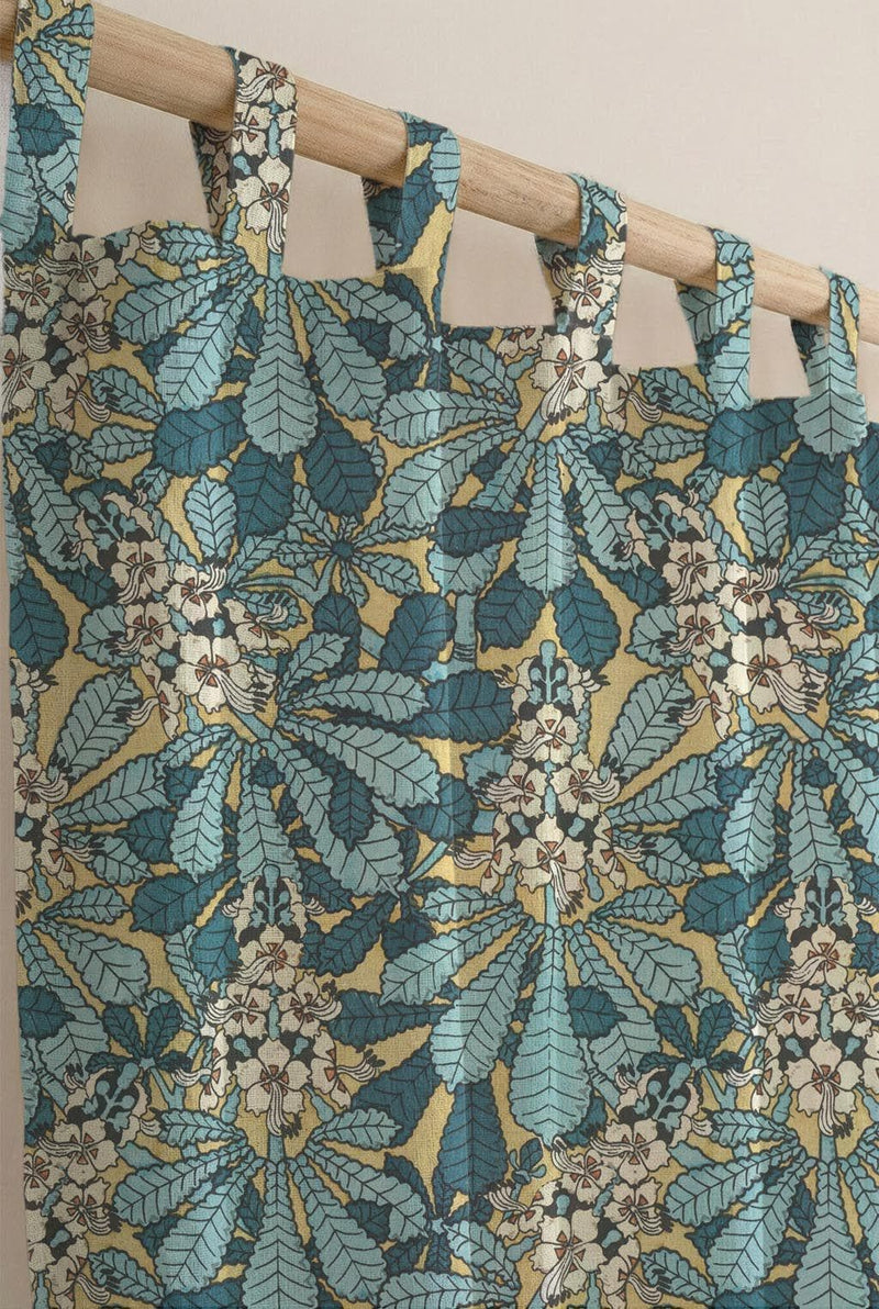 Cotton Linen Teal Horse Chestnut Floral Curtain, Blue Green Botanical Print Drapes, Arts and Crafts Style Window Panel, Custom Size