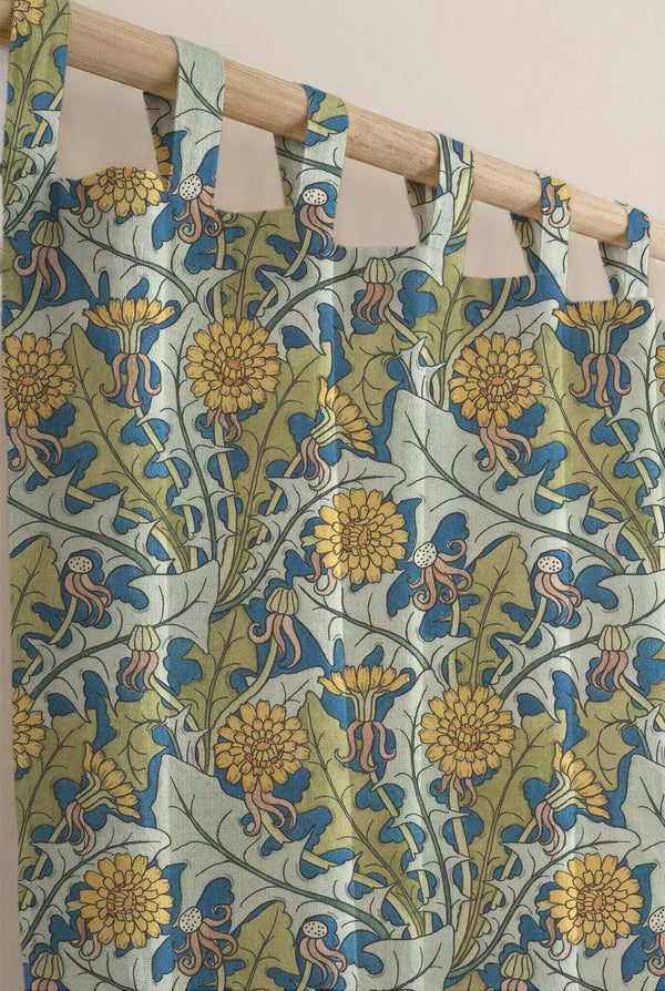 Cotton Linen Yellow Dandelion Botanical Curtain, William Morris Style Print Drapes, Vintage Blue Floral Window Panel, Custom Size