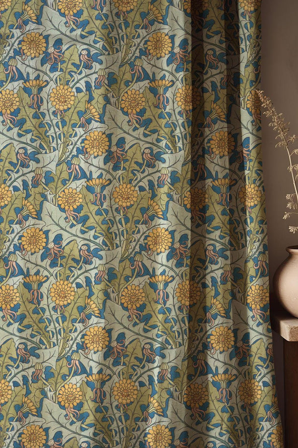 Cotton Linen Yellow Dandelion Botanical Curtain, William Morris Style Print Drapes, Vintage Blue Floral Window Panel, Custom Size