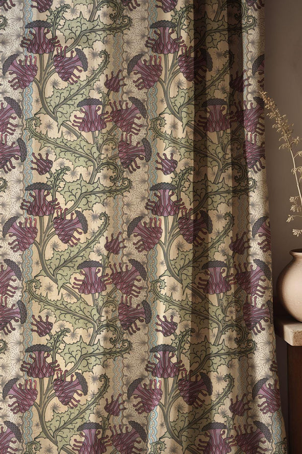 Cotton Linen Vintage Purple Thistle Curtain, William Morris Style Drapes, Art Nouveau Floral Window Panel, Custom Size