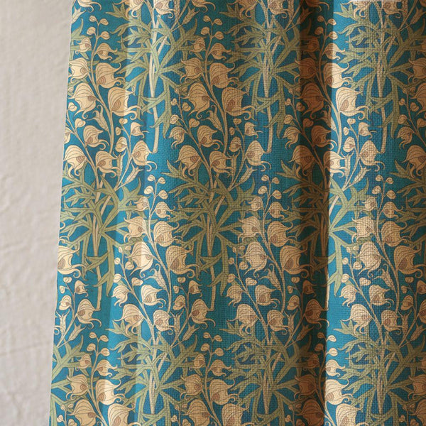 Cotton Linen Teal Blue Lily of the Valley Curtain, William Morris Style Drapes, Vintage Botanical Window Panel, Custom Size