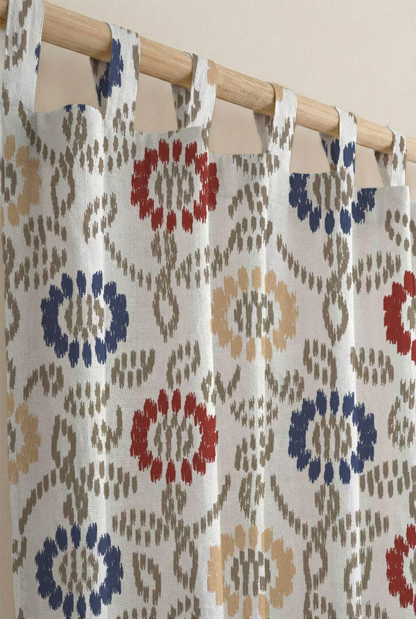 Red Blue Gold Ikat Curtain, Bohemian Floral Print, Custom Size