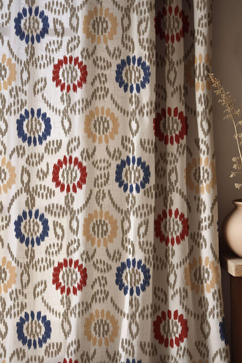 Red Blue Gold Ikat Curtain, Bohemian Floral Print, Custom Size