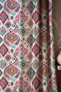 Pink and Teal Ikat Cotton Linen Curtain, Bohemian Geometric Window Panel, Custom Size - Image 1