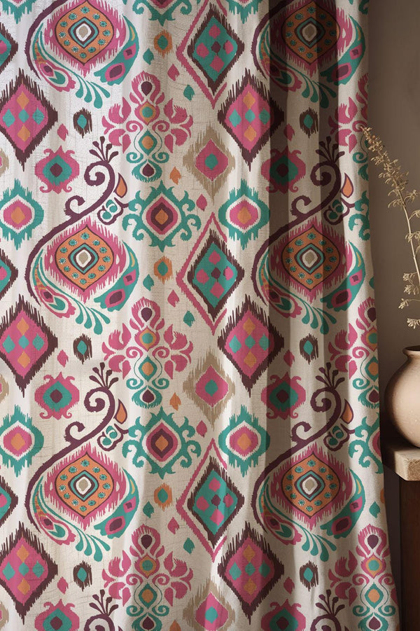 Pink and Teal Ikat Cotton Linen Curtain, Bohemian Geometric Window Panel, Custom Size