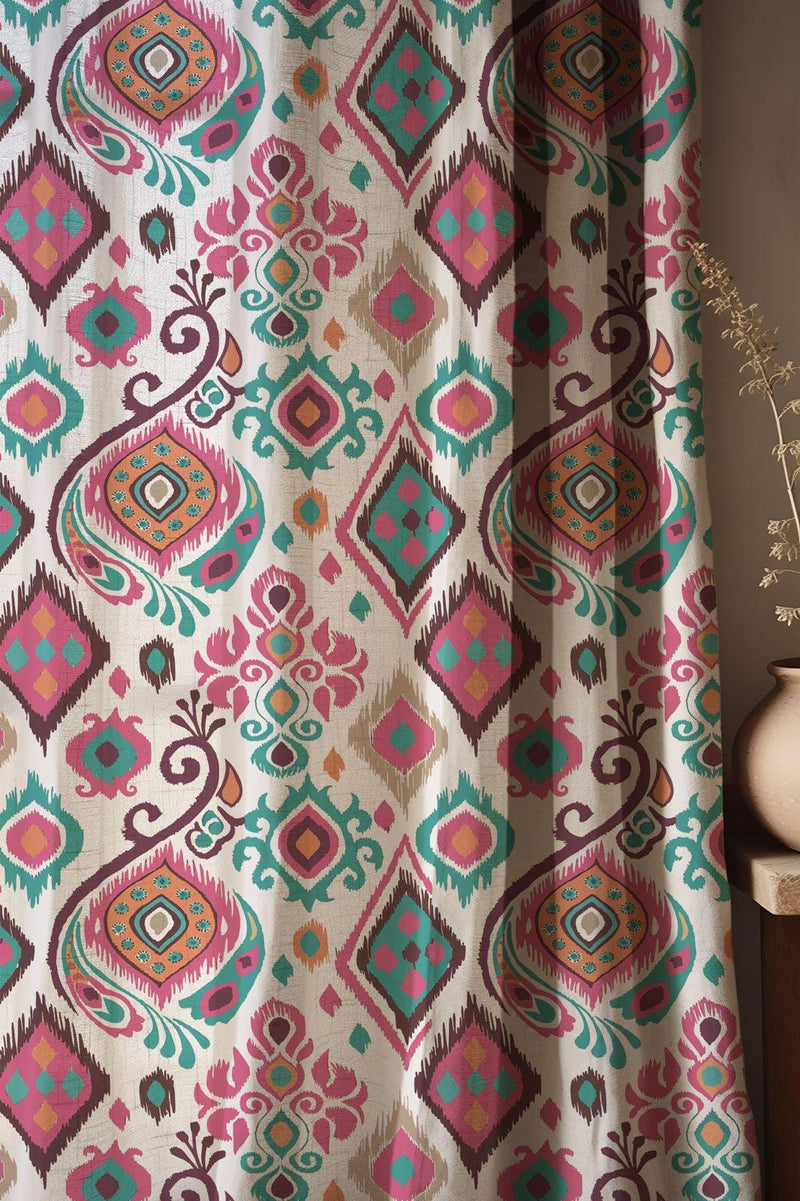 Pink and Teal Ikat Cotton Linen Curtain, Bohemian Geometric Window Panel, Custom Size