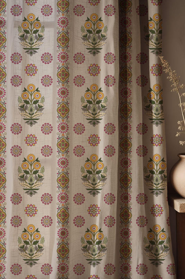 Yellow Pink Floral Linen Curtain, Vintage Indian Print, Custom Size