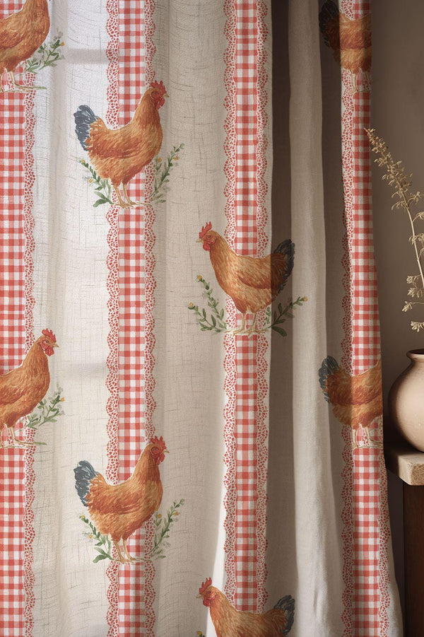 Rooster And Gingham Check Linen Curtain: Rustic Farmhouse Drapes