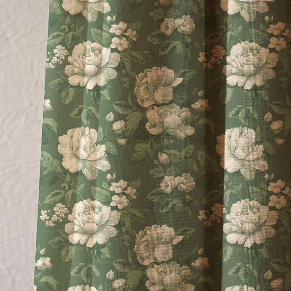 Vintage Green Peony Floral Linen Curtain: English Country Cottage Drapes