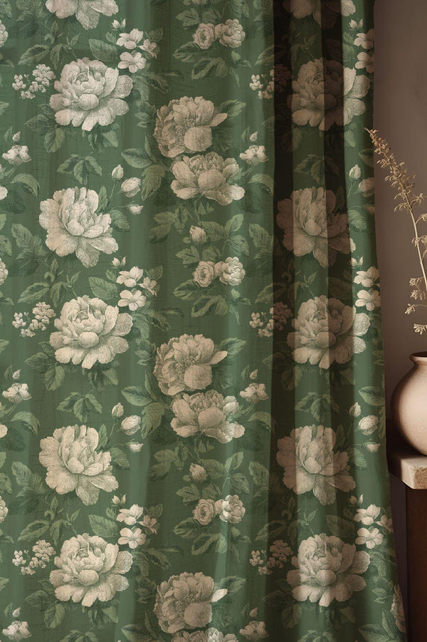 Vintage Green Peony Floral Linen Curtain: English Country Cottage Drapes