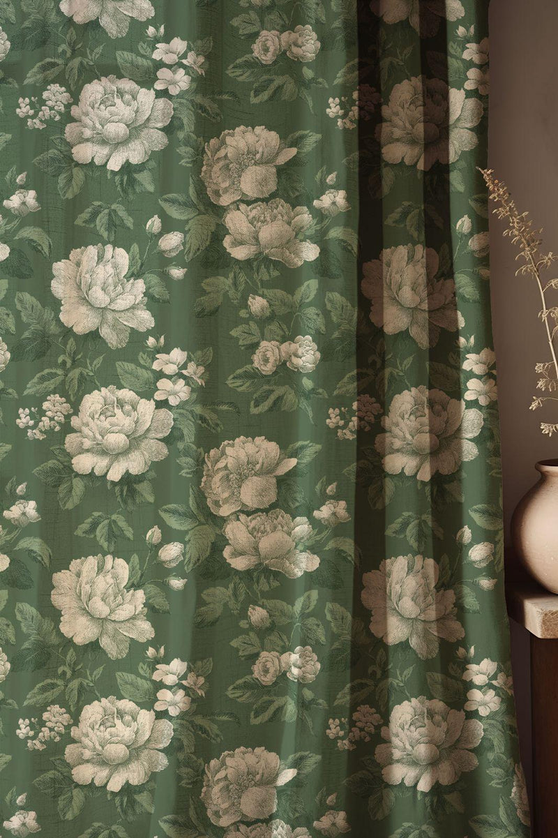 Vintage Green Peony Floral Linen Curtain: English Country Cottage Drapes