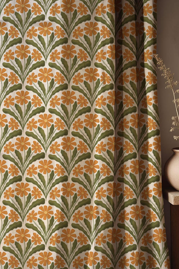 Retro Orange Daisy Curtain, Mid Century Modern Floral Cotton Linen Drapes, Custom Size