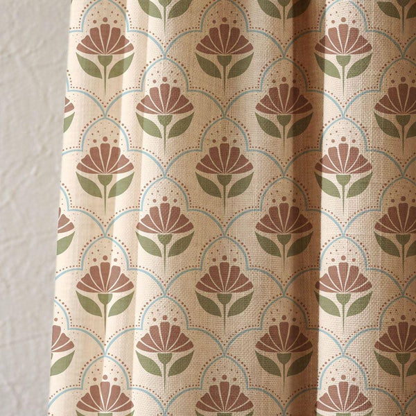 Geometric Floral Cotton Linen Curtain, Art Deco Tile Print, Custom Size