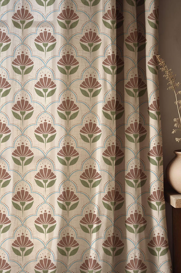 Geometric Floral Cotton Linen Curtain, Art Deco Tile Print, Custom Size