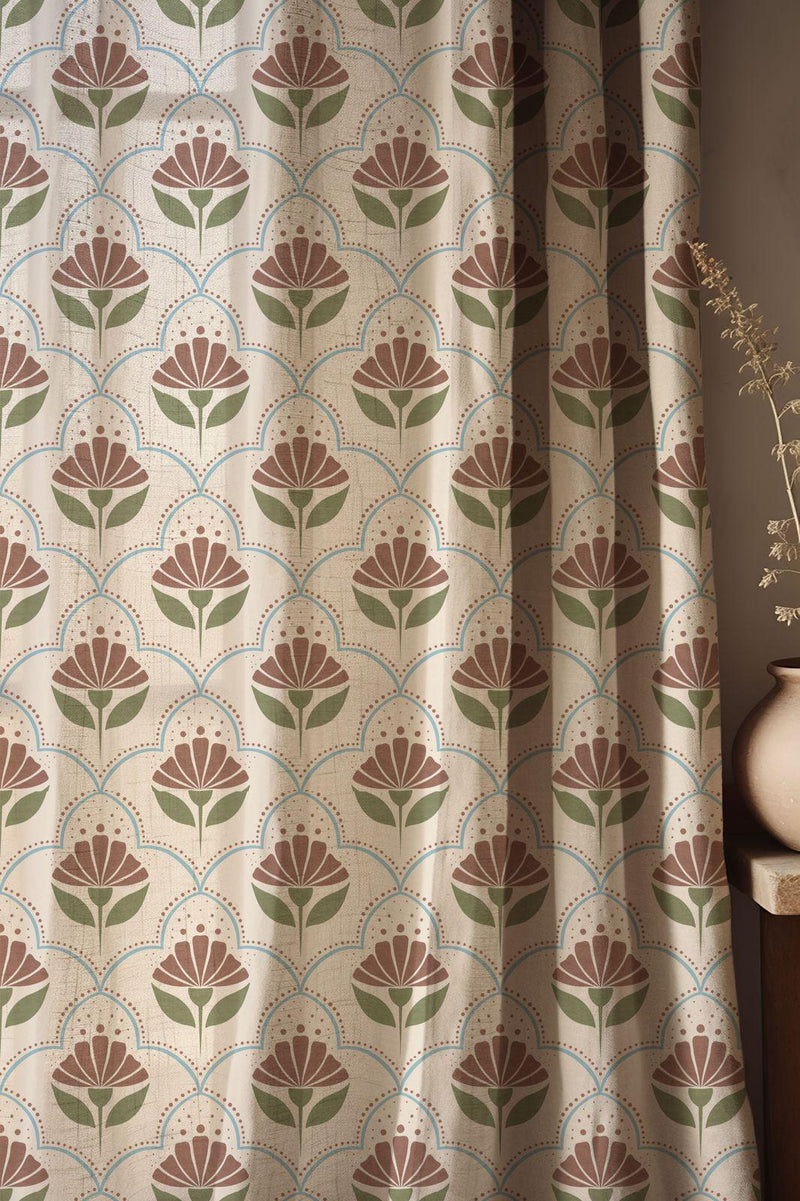 Geometric Floral Cotton Linen Curtain, Art Deco Tile Print, Custom Size