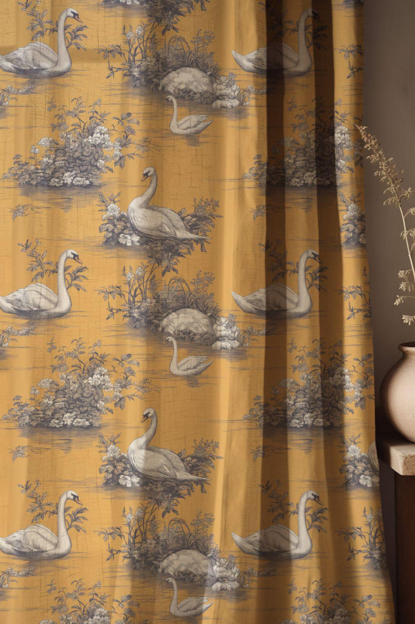 Vintage Swan Linen Curtain, Mustard Yellow Toile Window Panel, Custom Size
